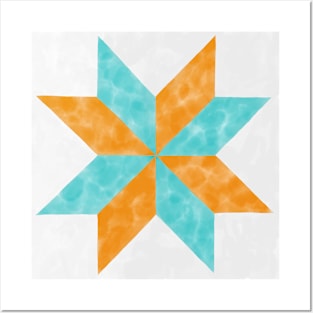 Annie Orange and Teal Quilt Star Watercolor Posters and Art